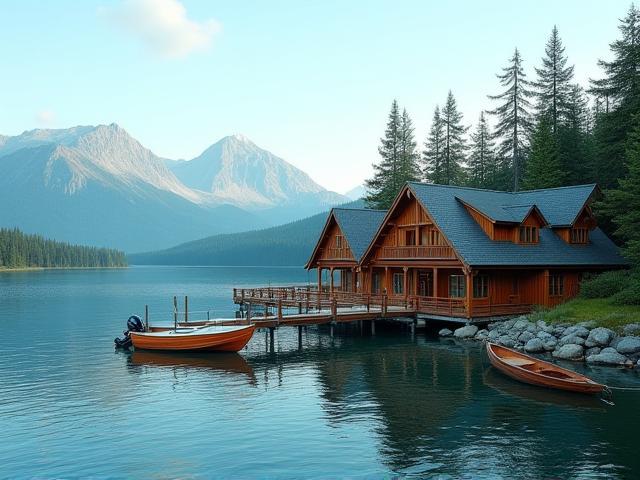 Scenic view of Lake of the Woods Fishing Adventures lodge and dock area with boats