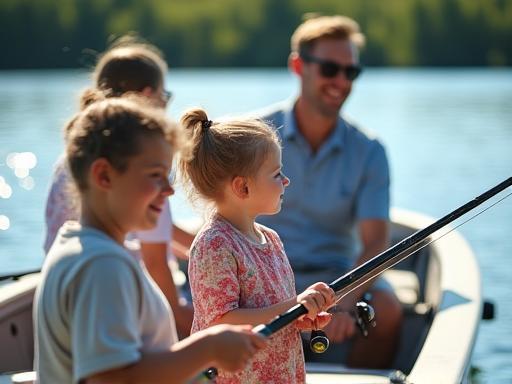 Family smiling and fishing together from a boat on a sunny day