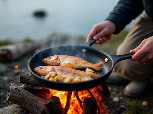 Fishing guide cooking freshly caught fish over a campfire for a shore lunch