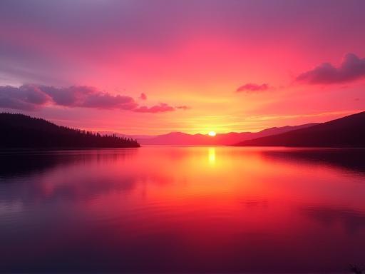 Vibrant orange and purple sunset reflecting over a calm Lake of the Woods