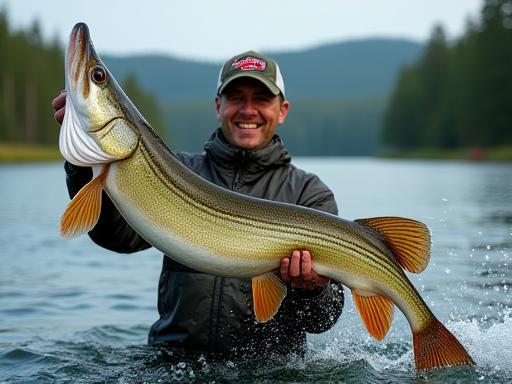 Angler proudly displaying a large trophy muskie caught on Lake of the Woods