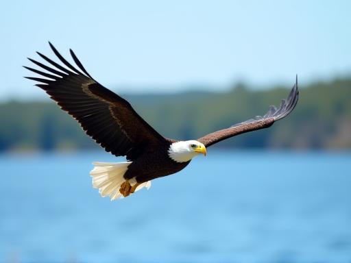 Bald eagle soaring majestically in flight over the waters of Lake of the Woods