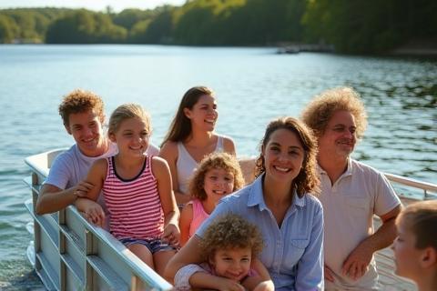 Family smiling and enjoying a pontoon boat ride on Lake of the Woods