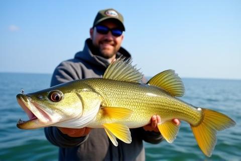 Happy angler holding a large walleye caught on a Lake of the Woods trip
